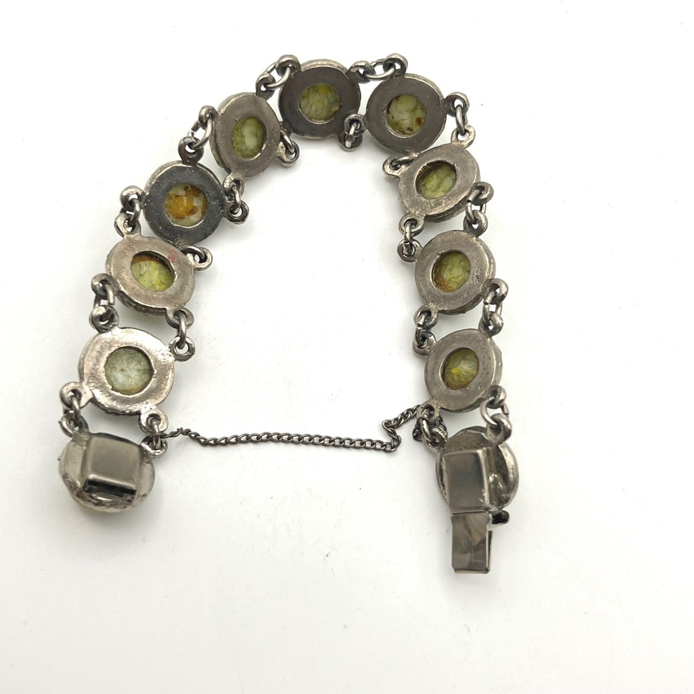 Vintage Silver Tone Green Marbled Stone Link Bracelet with Safety Chain 6.5in - Picture 6 of 7